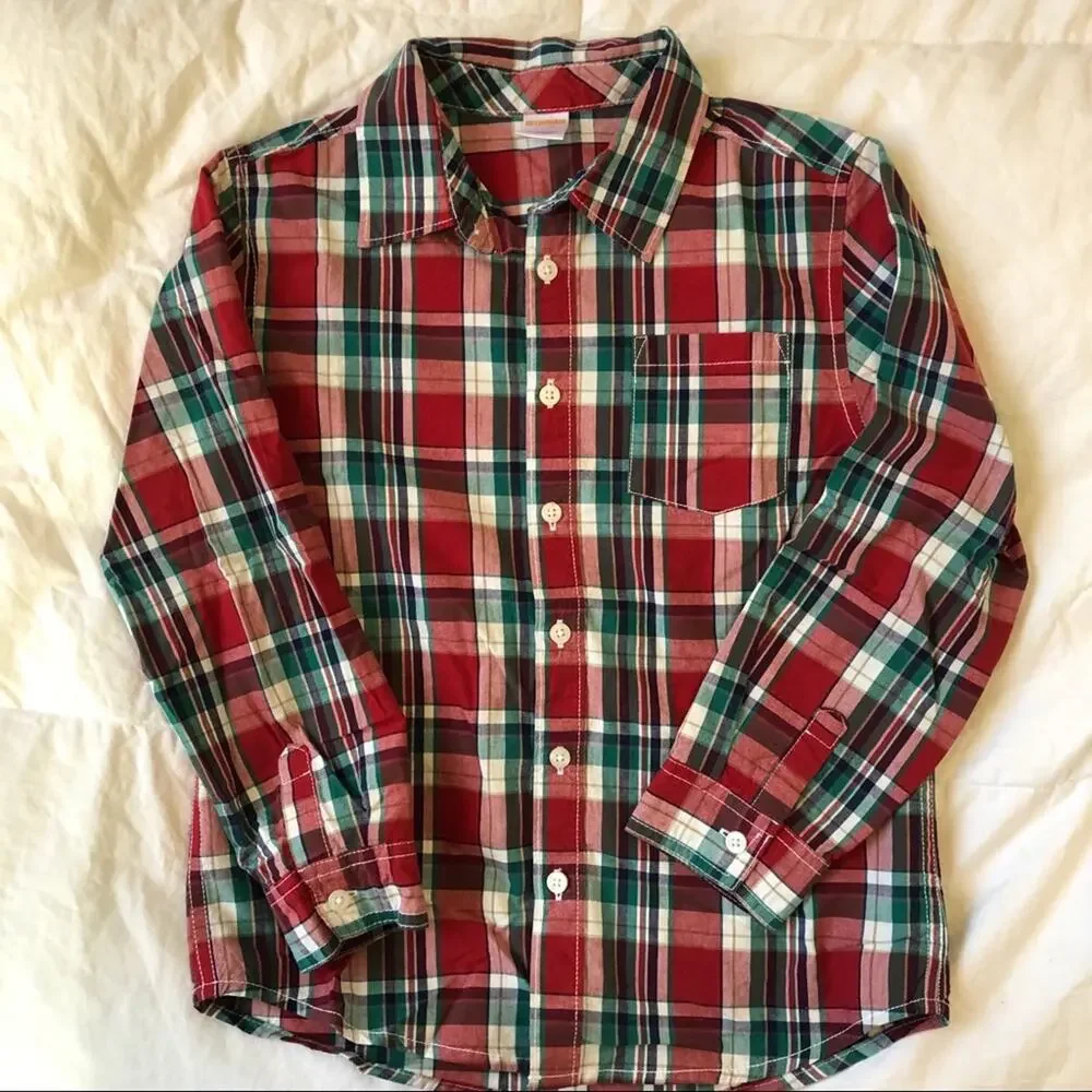 Gymboree Christmas Long Sleeved Button Shirt Red Green M (7-8)
